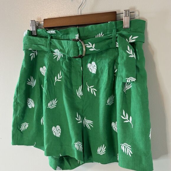 Ann Taylor NEW Linen Blend Shorts Green Embroidery Pleated High Waist 8 Petite - Picture 2 of 8